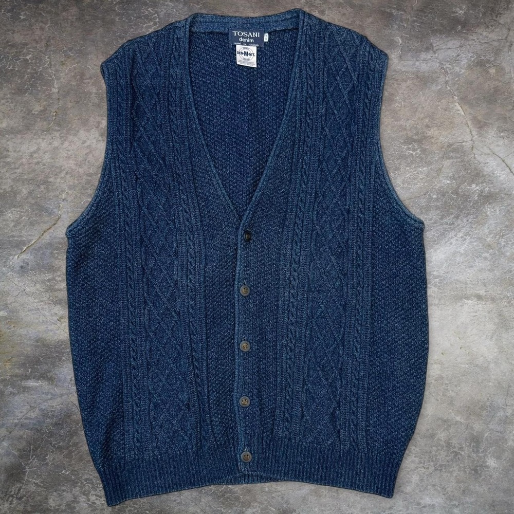 Vintage Tosani Denim Blue Knit Cardigan Vest Adult Medium Preppy Academia 90s